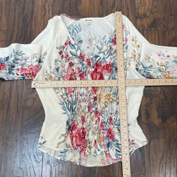 Billabong Top Small Play Day Blouse Floral Pink Ivory Long Sleeve Women's - Picture 9 of 14